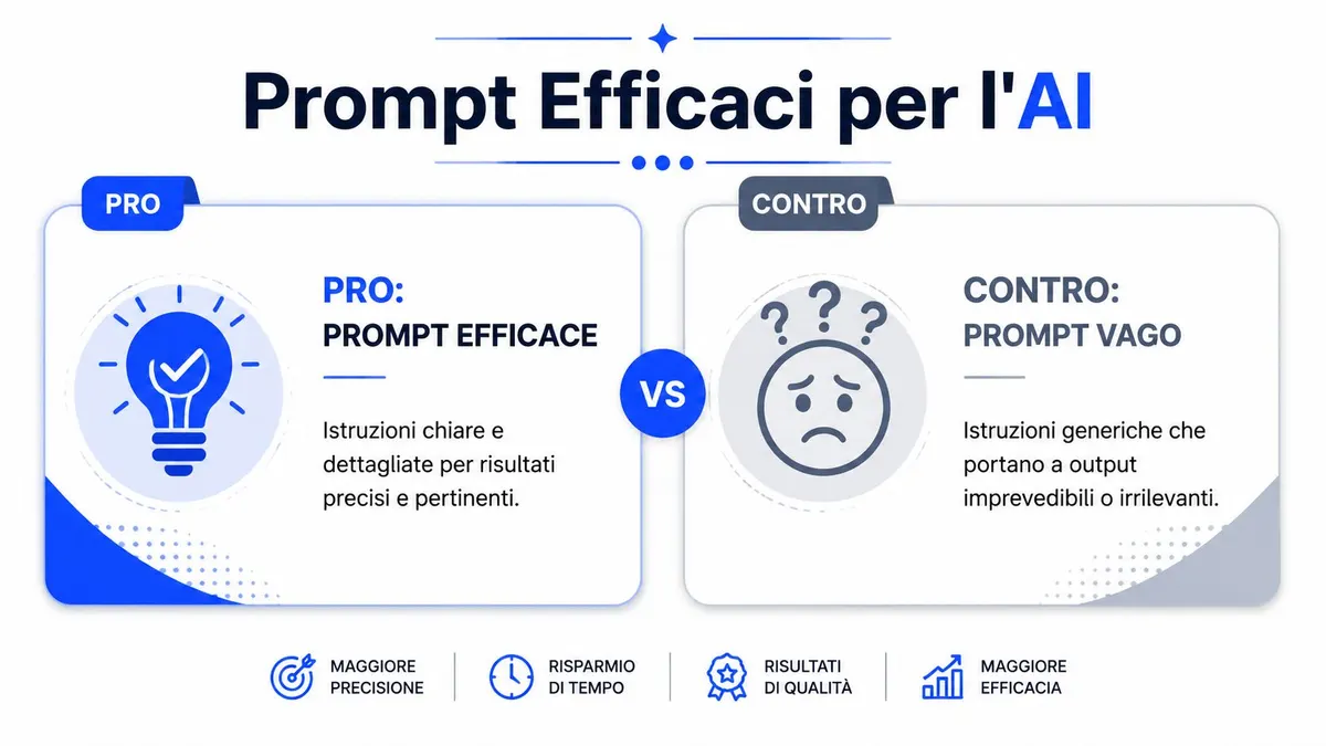 Confronto grafico tra prompt AI efficaci e vaghi con relativi vantaggi per migliorare la qualità dei risultati.
