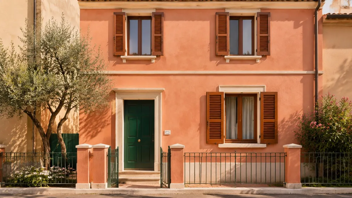 Facciata di una casa color pesca con porta verde, persiane in legno e recinzione metallica.