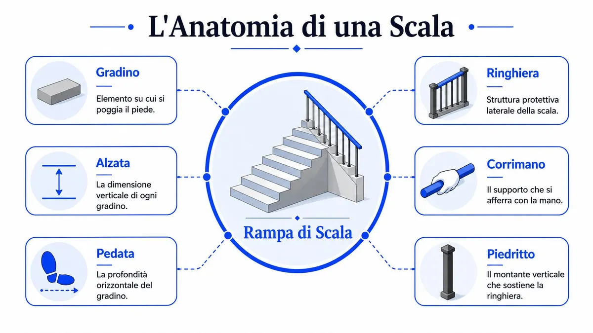 Un diagramma illustrato che mostra e descrive le componenti principali di una rampa di scala.
