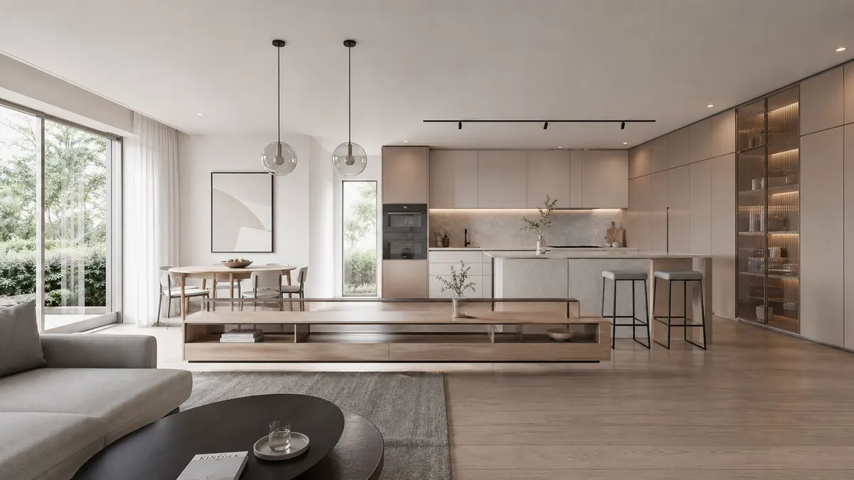 Open-space moderno con cucina lineare, mobili in legno chiaro e zona pranzo luminosa con ampie vetrate.