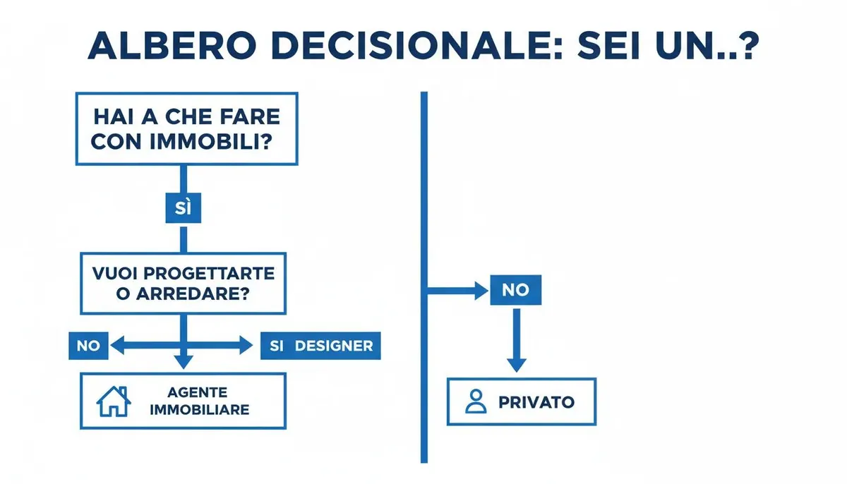 Albero decisionale su immobili e design, classifica l'utente come privato, designer o agente immobiliare.