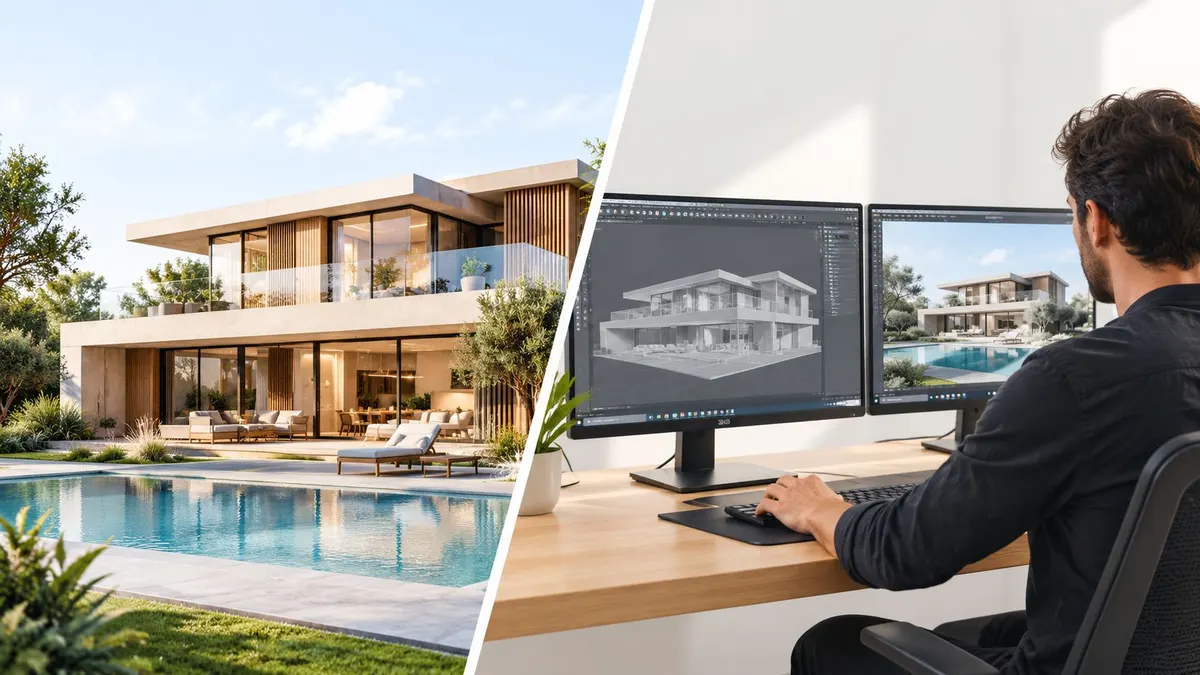Un architetto lavora al computer creando un render 3D fotorealistico di una moderna villa di lusso con piscina.