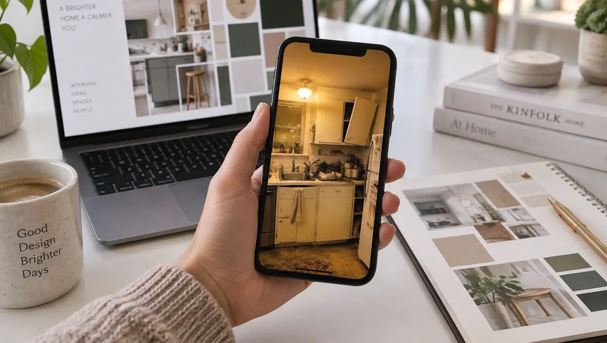 Mano che tiene uno smartphone con la foto di una vecchia cucina sopra un tavolo da progettazione.