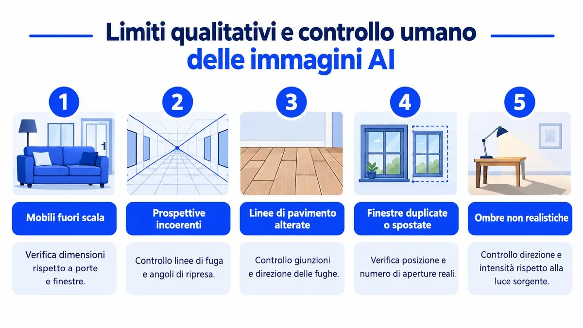 Infografica che illustra i cinque principali limiti qualitativi delle immagini generate dall'intelligenza artificiale per l'arredamento di interni.