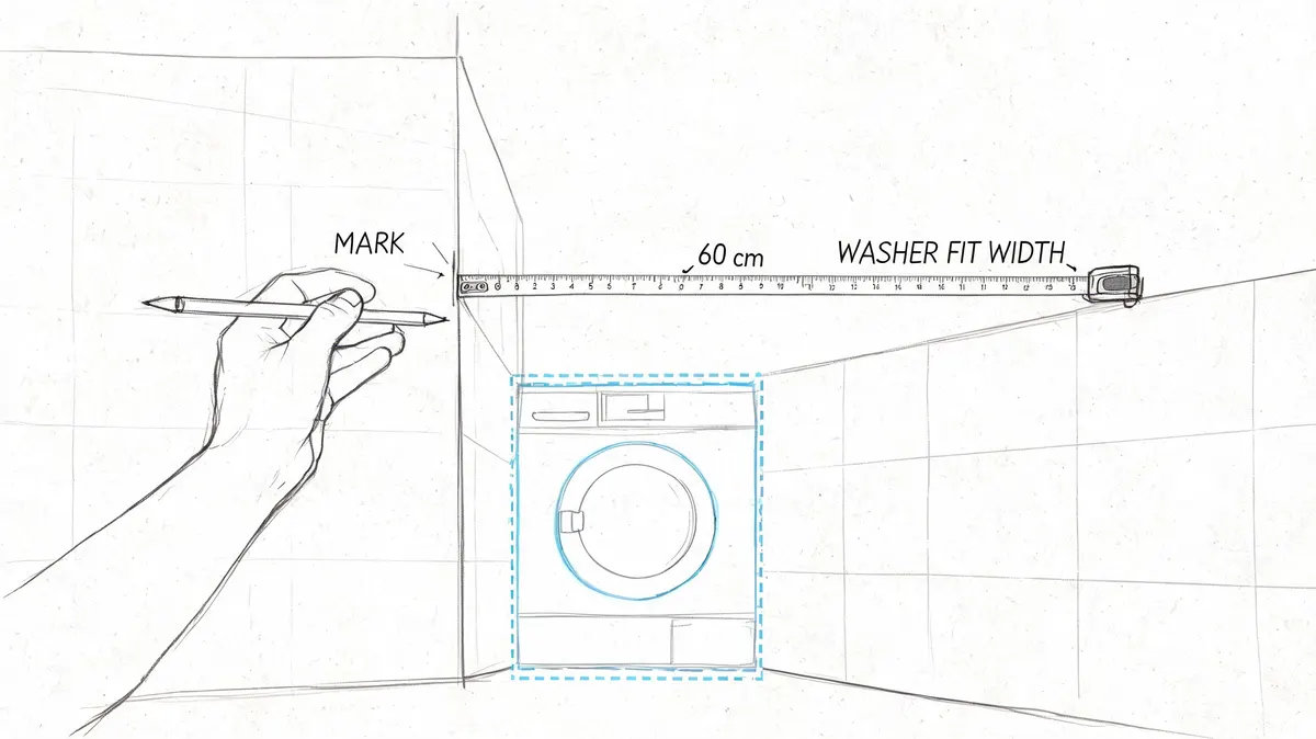 Illustrazione di una mano che usa un metro a nastro per misurare lo spazio per una lavatrice.