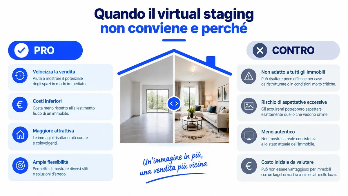 Un'infografica che confronta i vantaggi e gli svantaggi del virtual staging per la vendita di immobili.