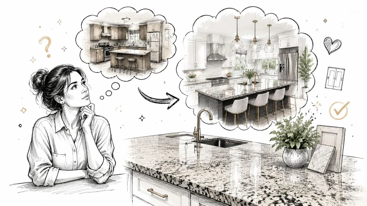 Una donna che sogna una ristrutturazione della cucina con un elegante bancone in granito e design moderno.