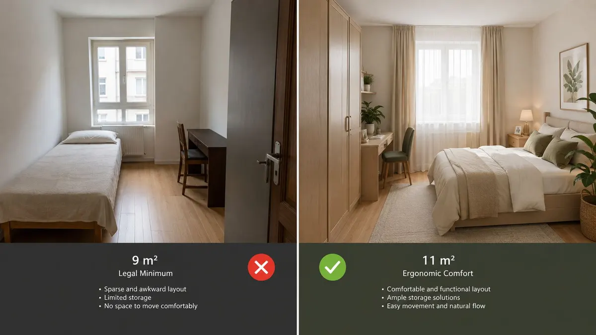 Confronto visivo tra una piccola camera da letto di nove metri quadrati e una più spaziosa e funzionale.