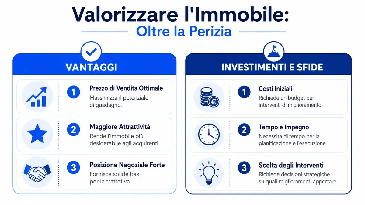 Infografica che illustra i vantaggi, gli investimenti e le sfide nella valorizzazione del proprio immobile prima della vendita.