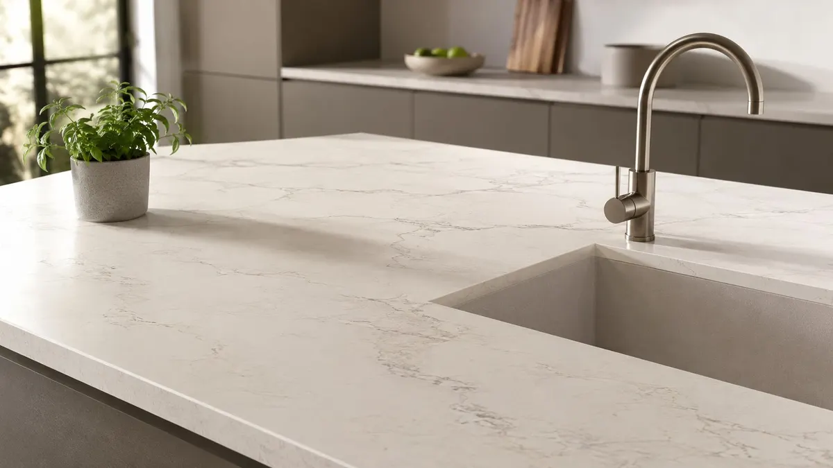 Isola cucina moderna con piano in marmo chiaro, lavello integrato e una pianta verde ornamentale.