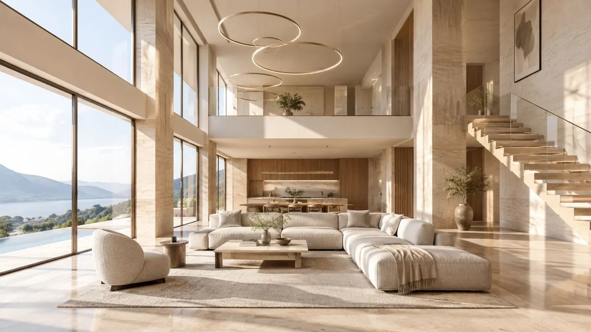 Lussuoso soggiorno moderno a doppia altezza con arredi di design, vista panoramica sul lago e finiture naturali eleganti.