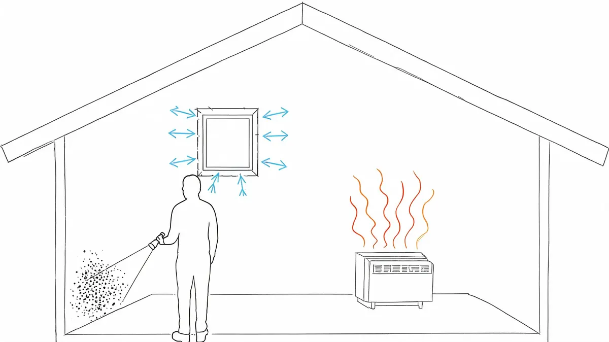 Una persona ispeziona una parete con muffa all'interno di una casa che presenta scarsa efficienza energetica