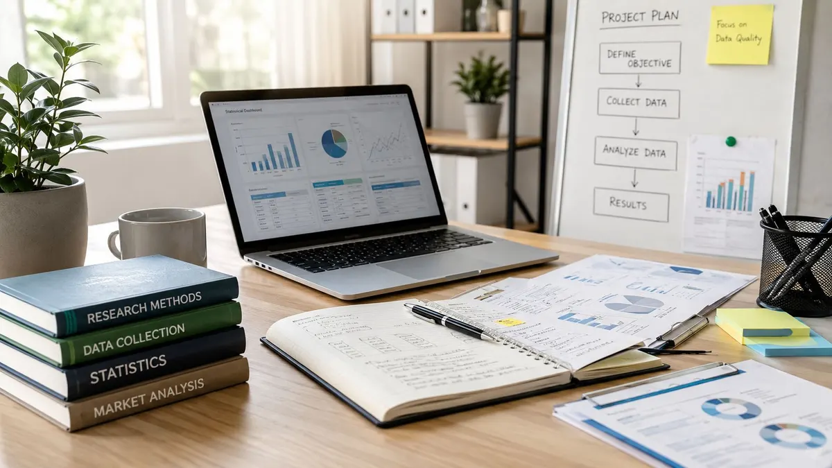 Scrivania da ufficio organizzata con computer portatile, libri di ricerca e documenti su un tavolo di legno
