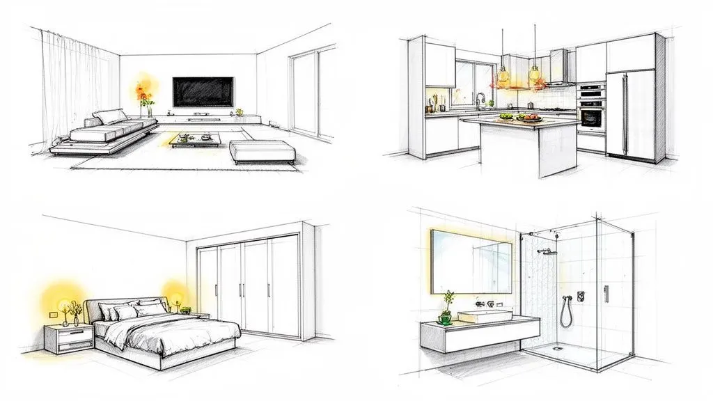 Schizzi dettagliati di interni moderni: soggiorno, cucina, camera da letto e bagno, con accenti luminosi.
