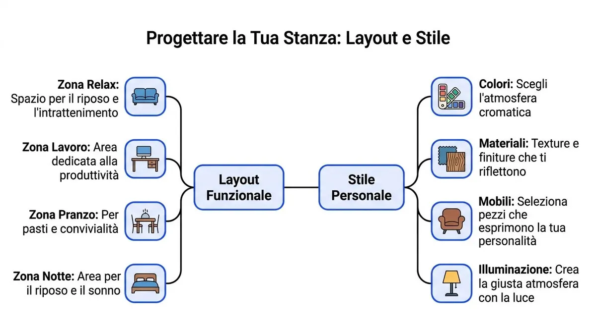 Un diagramma che illustra come progettare una stanza concentrandosi sul layout funzionale e sullo stile personale.