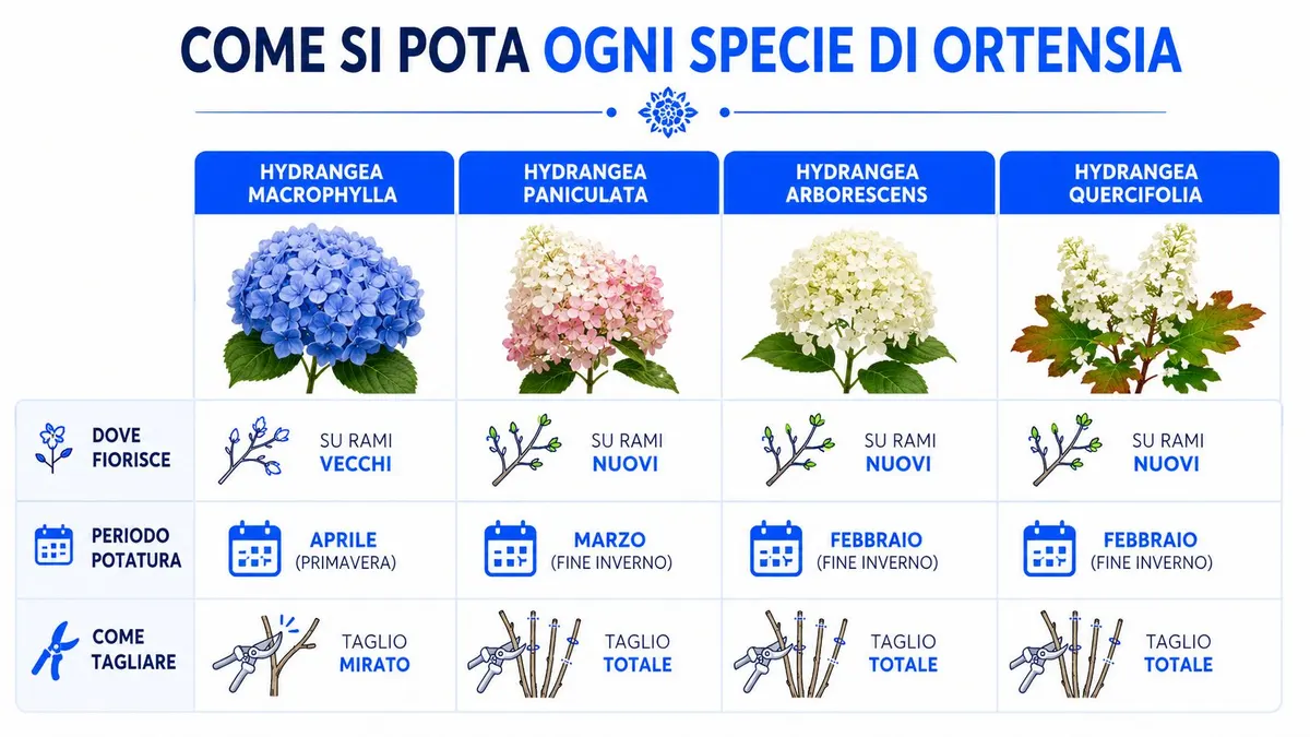 Tabella informativa su come potare correttamente le diverse specie di ortensie in base al periodo e metodo.