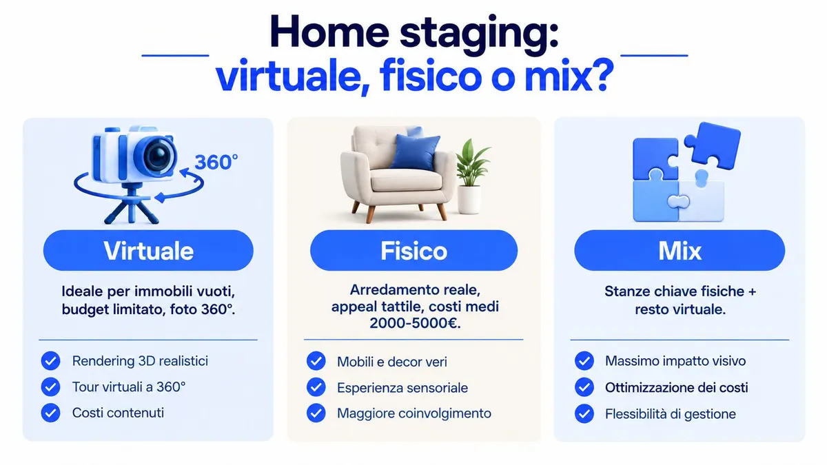 Confronto tra home staging virtuale, fisico e mix per la valorizzazione immobiliare professionale.