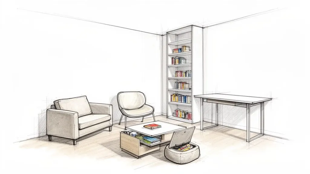 Schizzo di un moderno salotto con divano, poltrona, libreria, tavolino e scrivania.