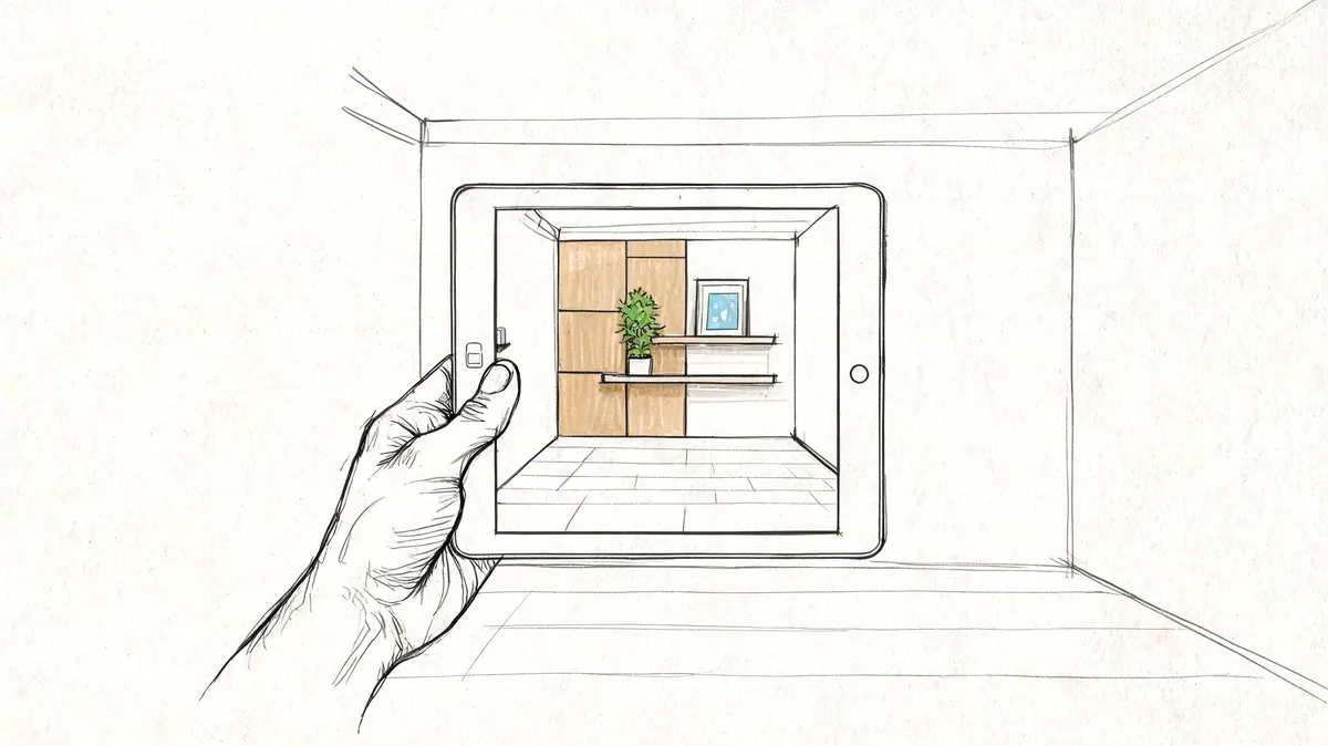 Una mano che tiene un tablet che mostra il rendering di un arredamento d'interni moderno e minimale.
