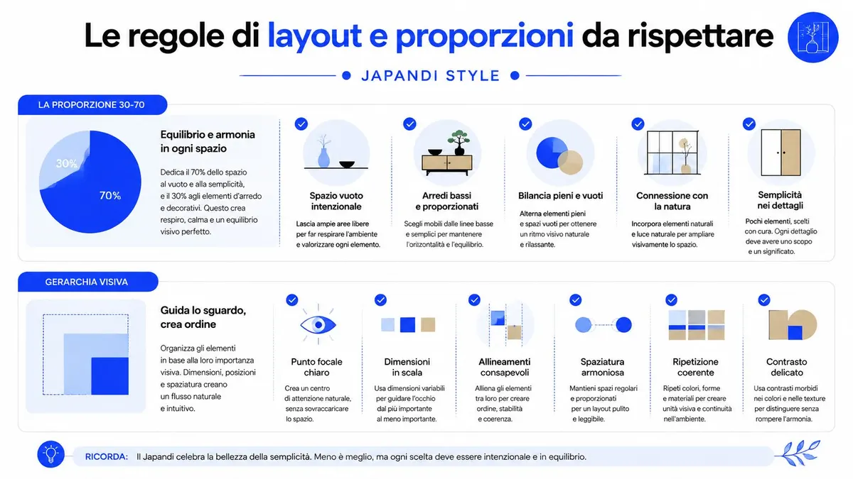 Infografica informativa sullo stile Japandi che illustra le regole di layout, proporzioni e gerarchia visiva per l'arredamento.