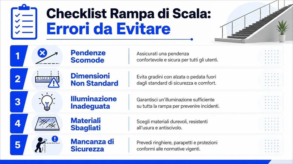 Una lista di controllo che elenca cinque errori comuni da evitare durante la progettazione di una rampa di scala.