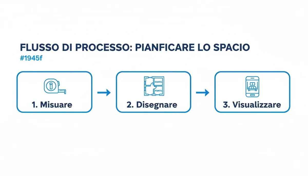 Un diagramma di flusso che illustra tre passaggi per pianificare lo spazio: misurare, disegnare e visualizzare.