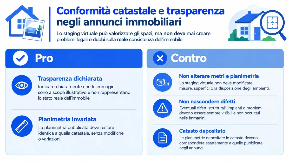Infografica informativa sulla conformità catastale e l'uso etico dello staging virtuale negli annunci immobiliari in Italia.