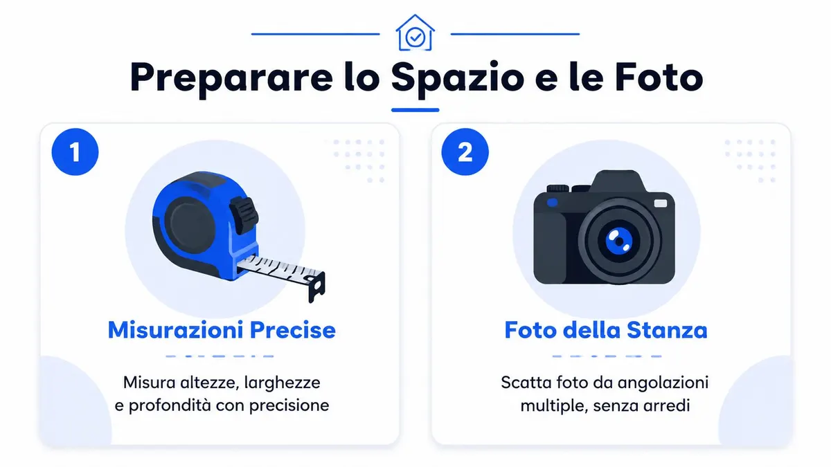 Una guida illustrata in due passaggi per preparare correttamente una stanza prendendo misure e scattando fotografie.
