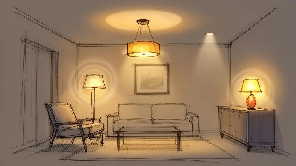 Schizzo dettagliato di un salotto con varie fonti di illuminazione accese, tra cui lampade e faretti, creando un'atmosfera calda.