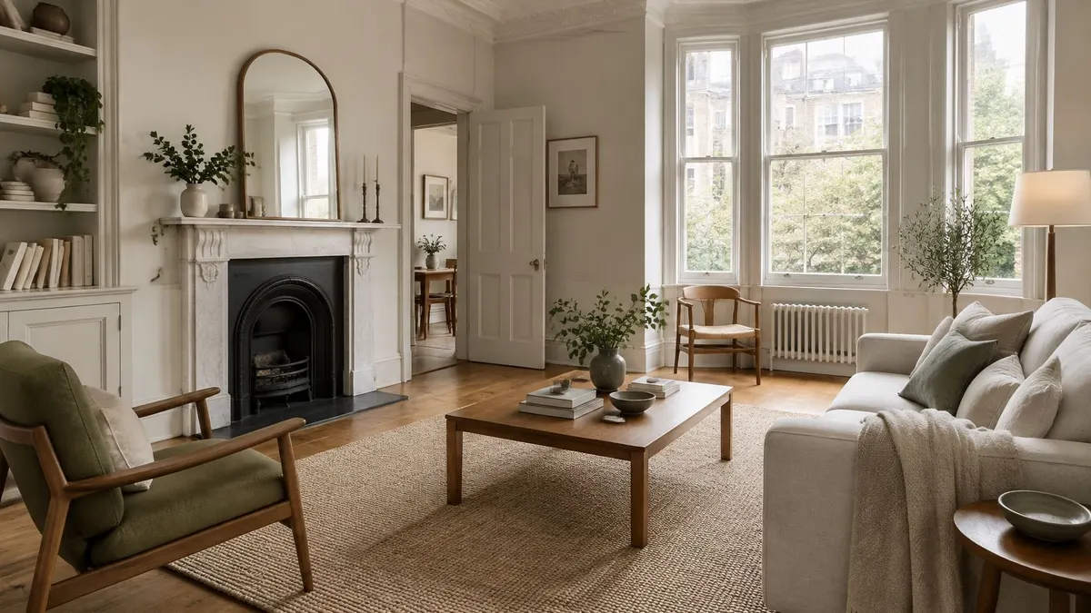 Un accogliente soggiorno arredato in stile moderno e naturale con camino, poltrona verde e divano beige chiaro.