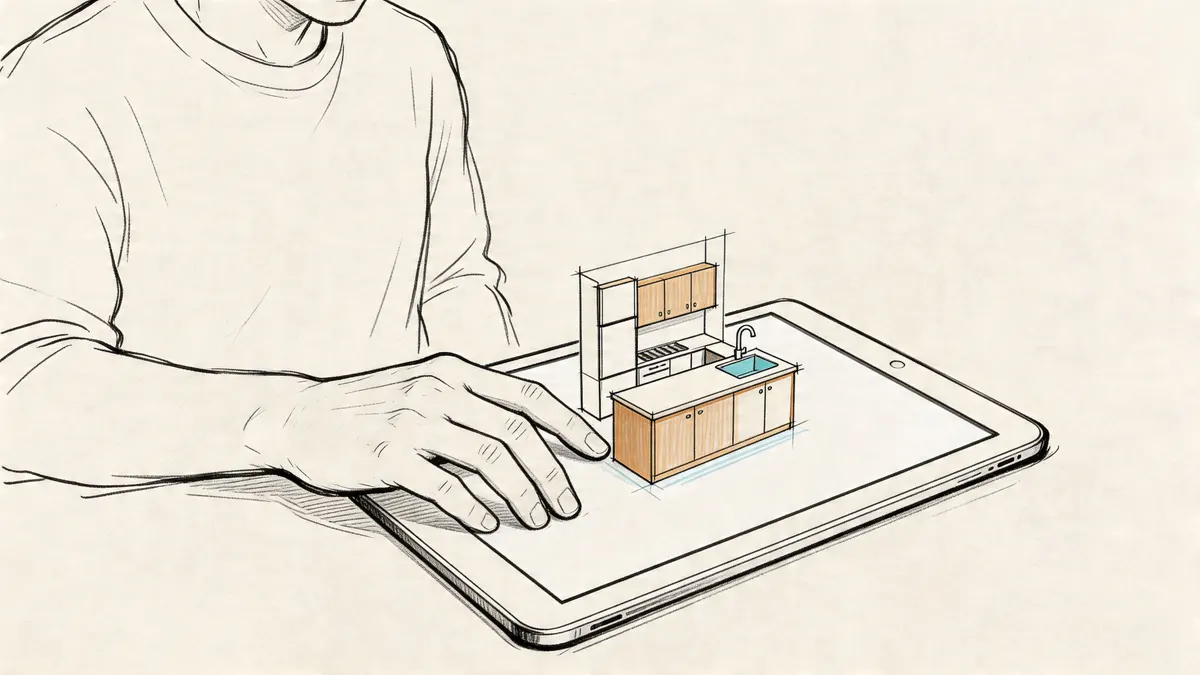 Un designer visualizza un progetto di una piccola cucina con isola su un tablet digitale interattivo.