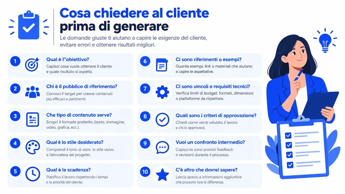 Infografica che elenca dieci domande essenziali da porre ai clienti prima di iniziare un progetto creativo.