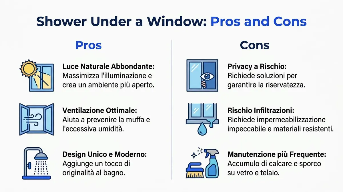 Un'infografica che mostra i vantaggi e gli svantaggi di installare una doccia sotto una finestra in bagno.