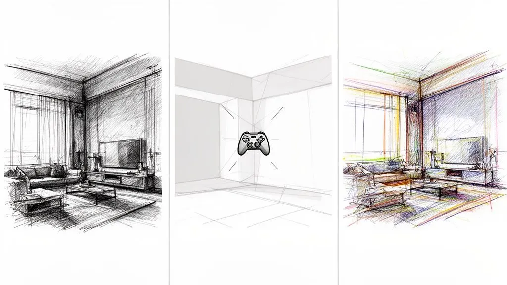 Schizzi architettonici di una stanza: un salotto monocromatico, un concetto di gioco e una versione colorata.