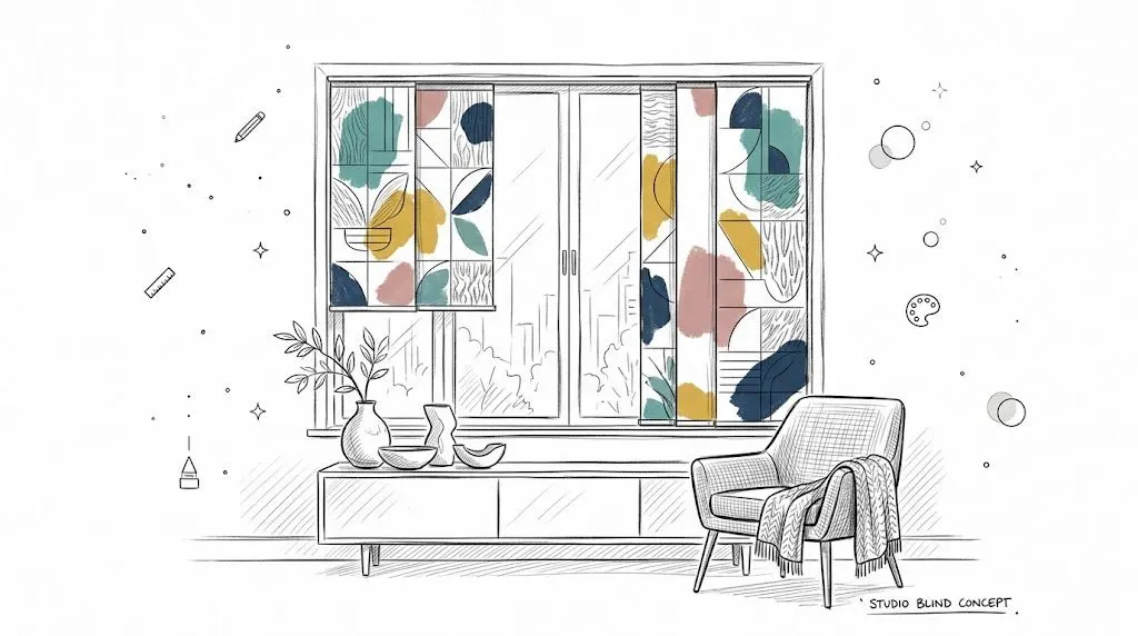 Un concept di design per tende a pannello moderne e colorate posizionate davanti a una finestra luminosa.