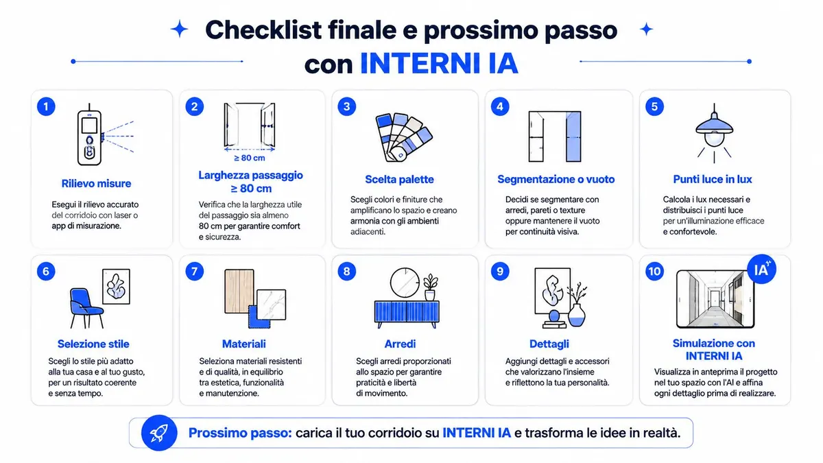 Una checklist in dieci punti per progettare e arredare un corridoio funzionale ed elegante con intelligenza artificiale.