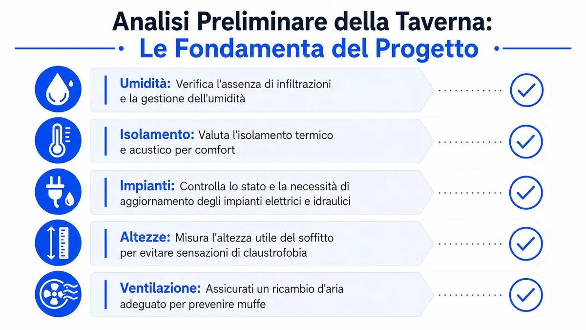 Infografica con i cinque punti fondamentali per analizzare la taverna prima di iniziare un progetto di ristrutturazione.