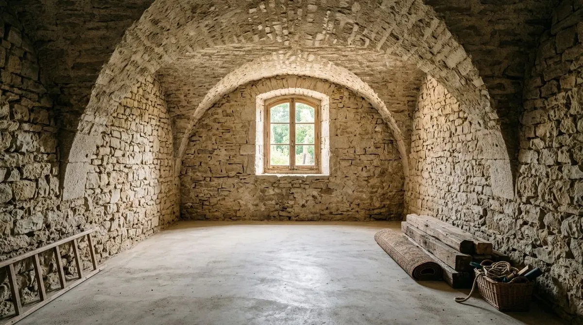 Una cantina rustica con muri in pietra, soffitto a volta e una finestra che illumina l'ambiente.