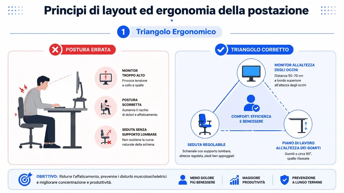 Infografica che illustra il corretto triangolo ergonomico per la postazione di lavoro per prevenire dolori e affaticamento.