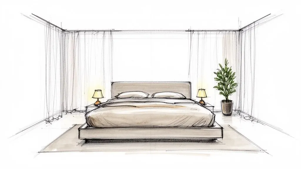 Schizzo ad acquerello di una camera da letto moderna con letto matrimoniale, lampade e una pianta.