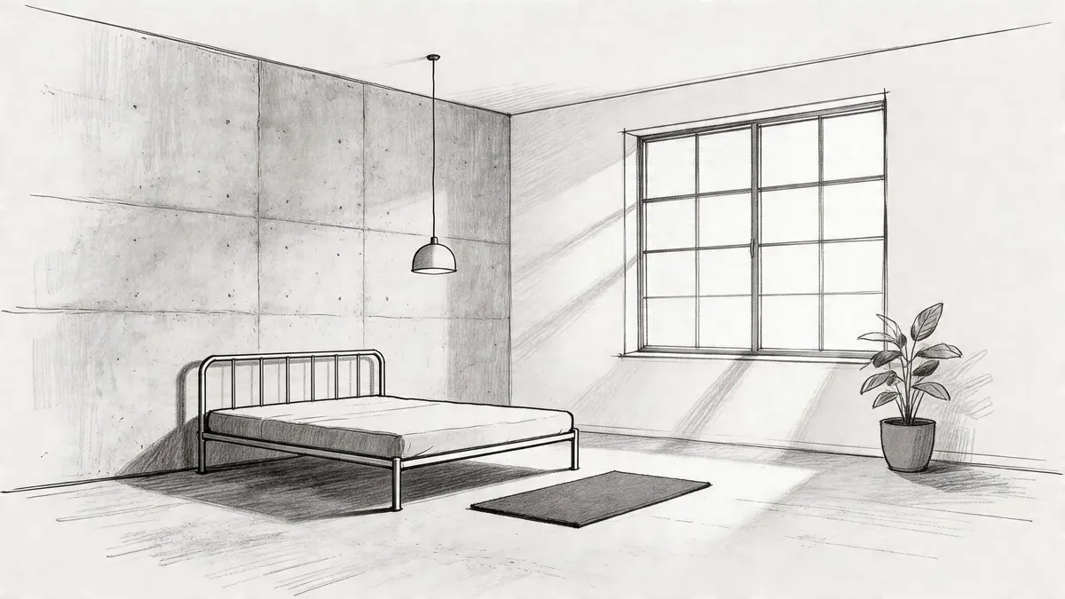 Uno schizzo a matita di una camera da letto minimalista con parete in cemento, letto e finestra.