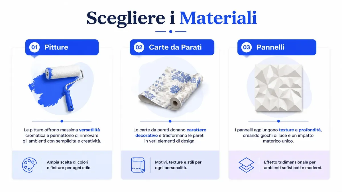 Un infografica mostra tre opzioni per decorare le pareti: pitture, carte da parati e pannelli decorativi.