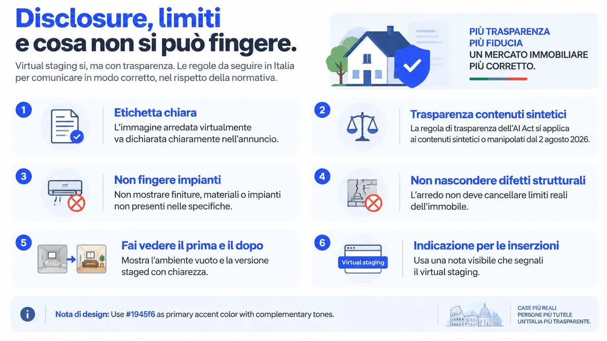 Infografica sulle linee guida legali per l'utilizzo del virtual staging nel mercato immobiliare italiano con sei regole.