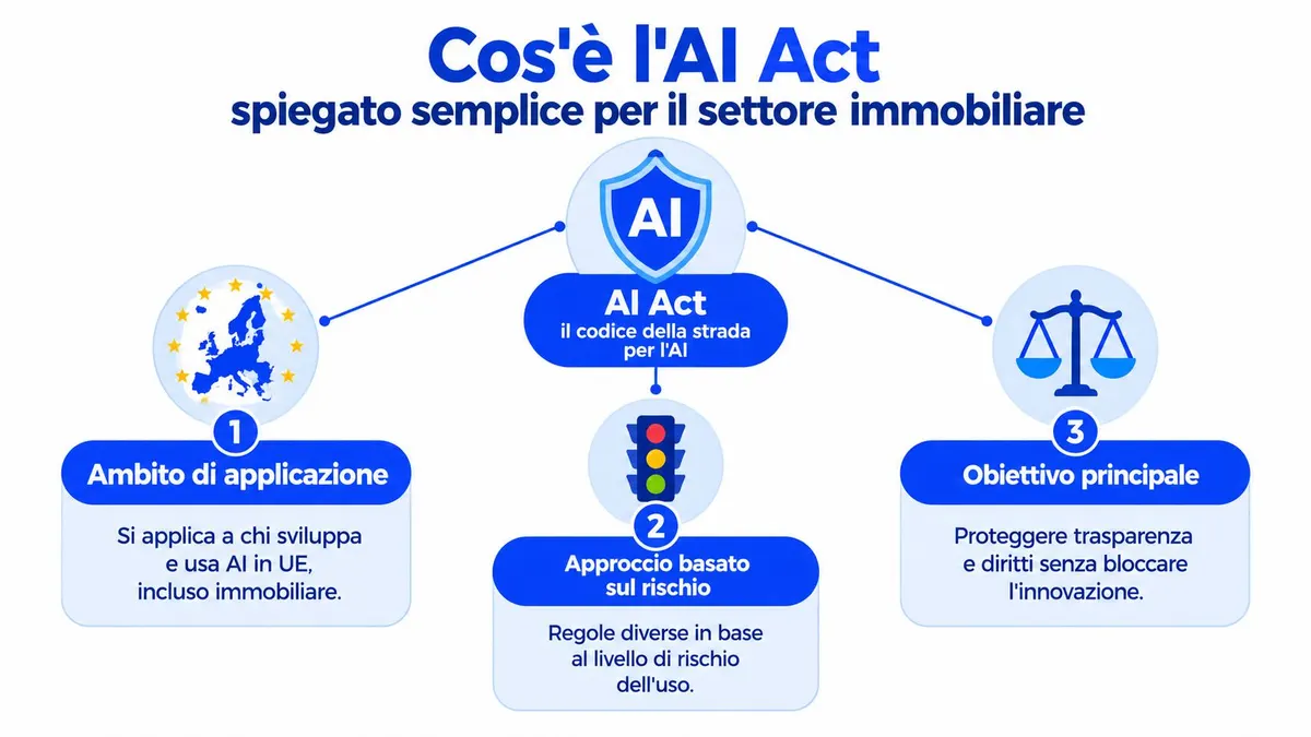 Infografica che spiega l'AI Act per il settore immobiliare, evidenziando ambito, rischio e obiettivi principali.