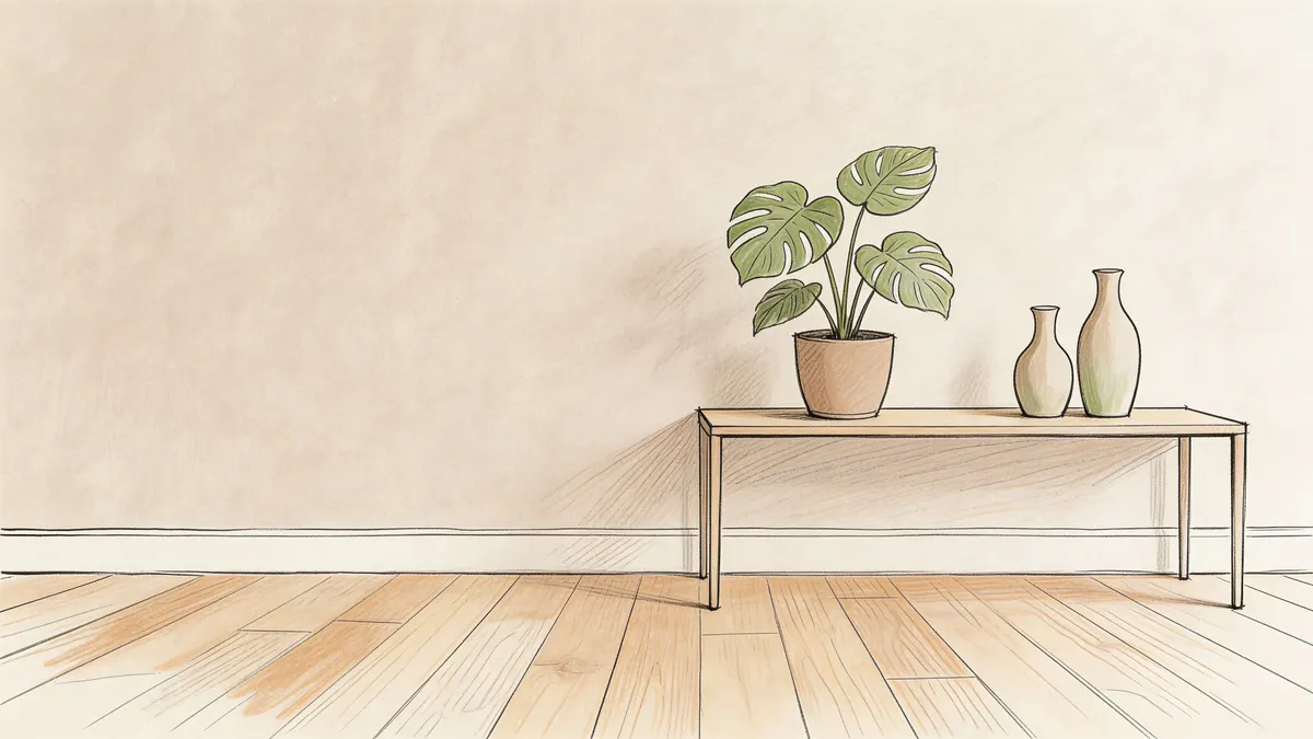 Un tavolino in legno con una pianta di monstera e due vasi decorativi davanti a una parete tortora.