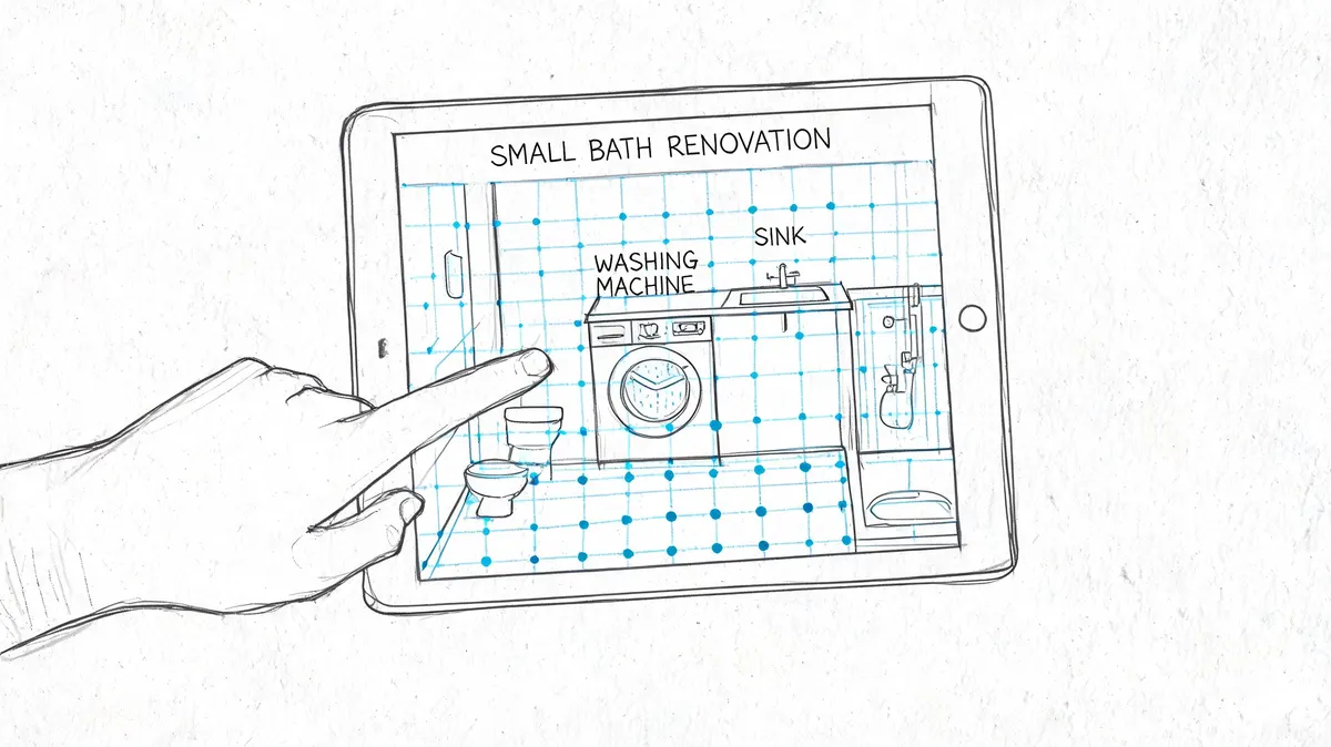 Una mano che utilizza un tablet per progettare un piccolo bagno con lavatrice, lavandino e sanitari.