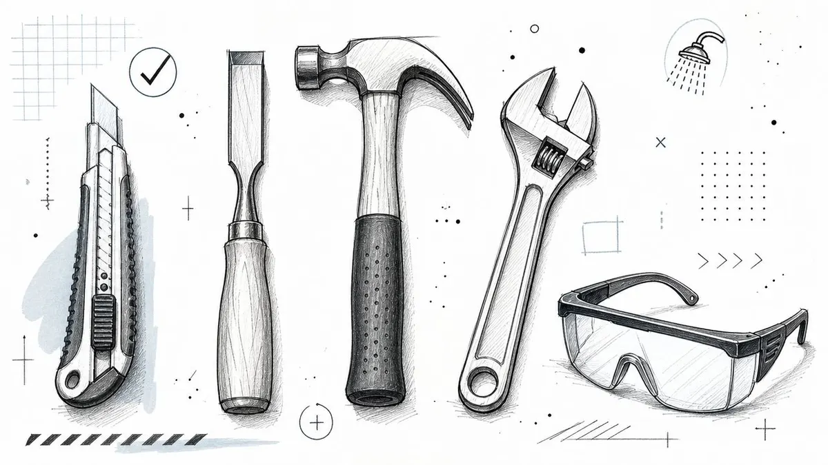Disegno artistico a matita raffigurante attrezzi da lavoro manuale necessari per vari interventi di manutenzione domestica.