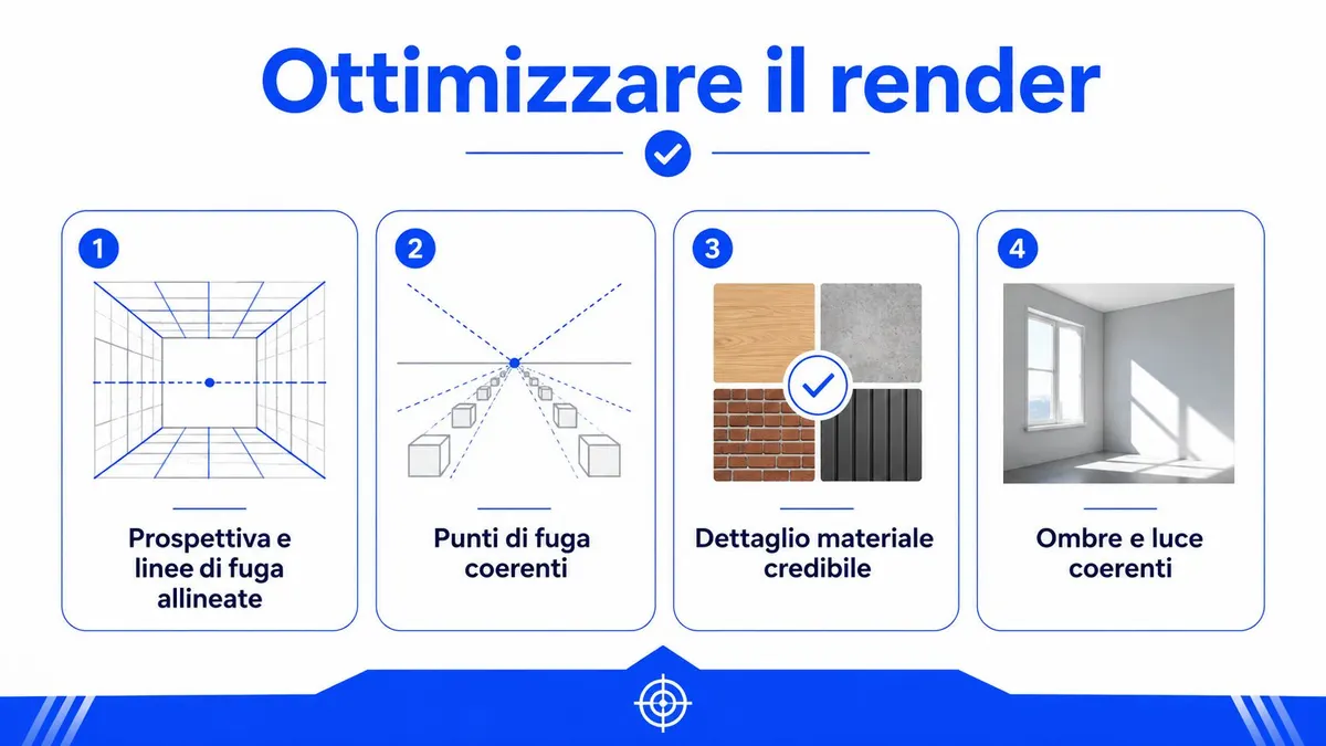 Grafica informativa che illustra quattro passaggi fondamentali per ottimizzare il rendering di progetti di interior design.