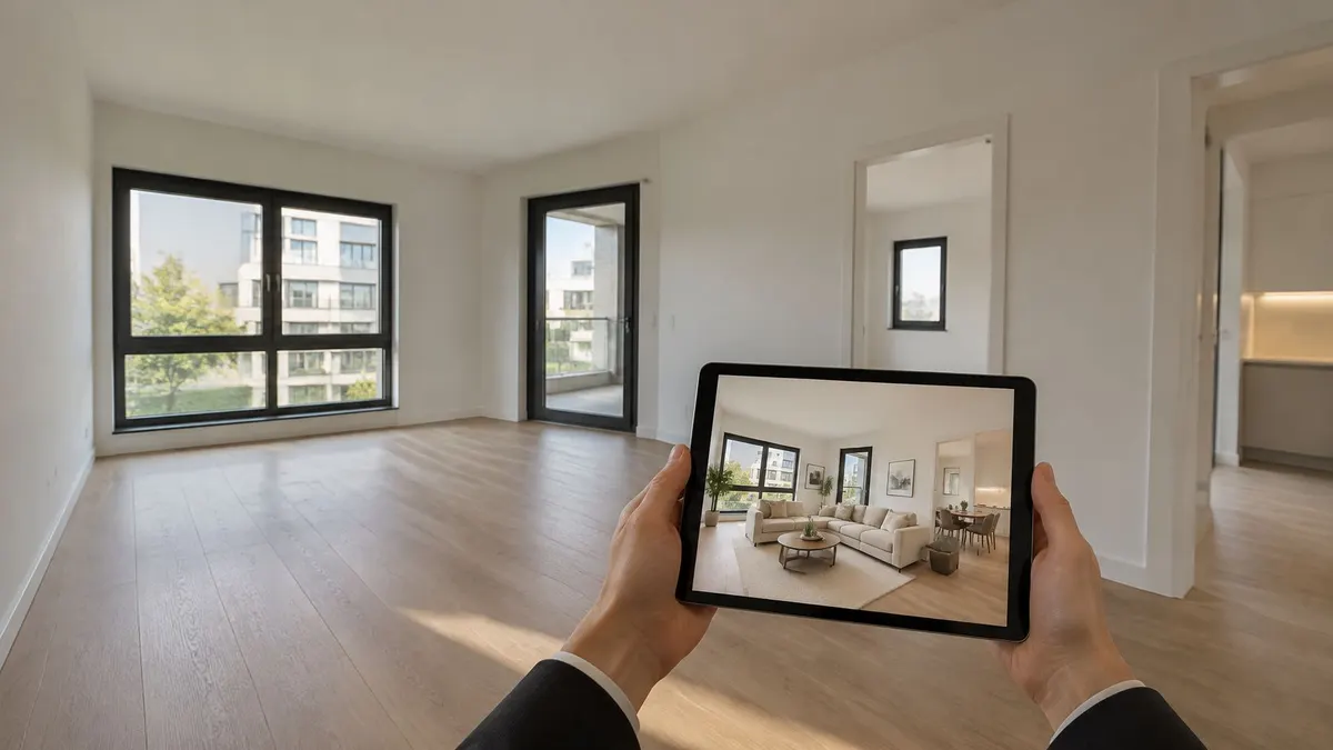 Una persona che tiene un tablet che mostra una visualizzazione virtuale di un soggiorno arredato ed elegante.