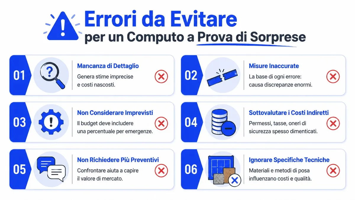 Infografica con sei errori comuni da evitare durante la redazione di un computo metrico per ristrutturazioni.